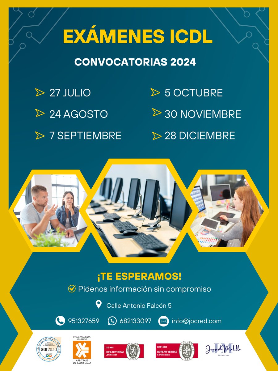 ✨¡Da un salto en tu carrera con #ICDL!

🔹 Mejora tu currículum 
🔹 Sé competitivo en el mercado laboral 
🔹 Desarrolla tus habilidades digitales

¡Inscríbete hoy con nosotros! Obtén tu certificación y abre las puertas a nuevas oportunidades. 
#JocredAvanza #ExámenesICDL