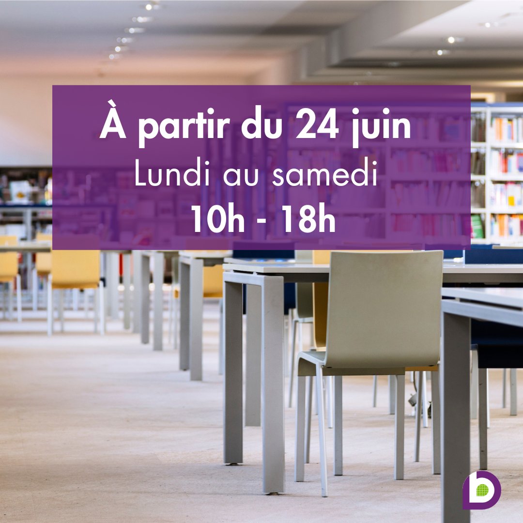 À partir du lundi 24 juin, la BSB ouvre de 10h à 18h du lundi au samedi, jusqu'au 13 juillet, date de la fermeture estivale.

A noter également : le Café du Kiosque ferme à 17h.
