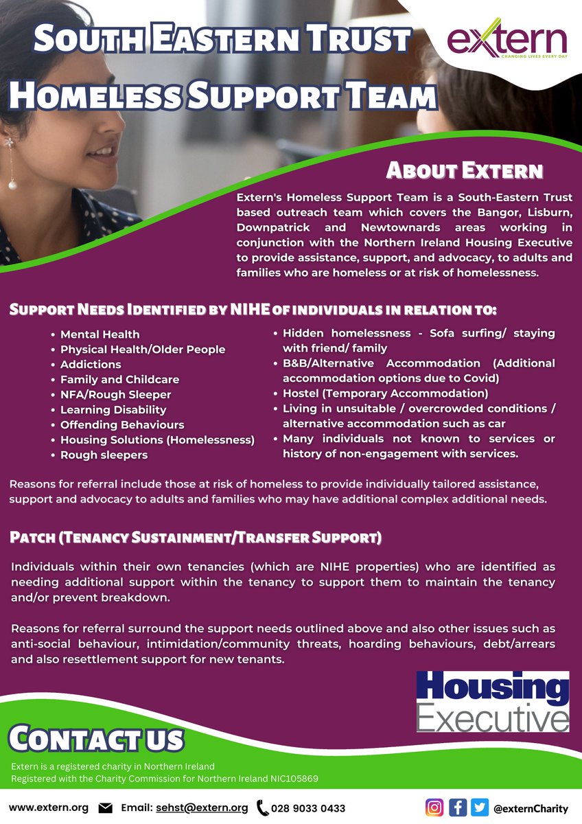 North Down Community Network (@ndcn_bangor) on Twitter photo Please note: Referrals are from NIHE only through Housing Solution's and Patch within Bangor, Newtownards, Lisburn and Downpatrick. If you have any queries or require any further information, please contact sehst@extern.org / 028 9033 0433 Please note: Referrals are from NIHE only through Housing Solution's and Patch within Bangor, Newtownards, Lisburn and Downpatrick. If you have any queries or require any further information, please contact sehst@extern.org / 028 9033 0433