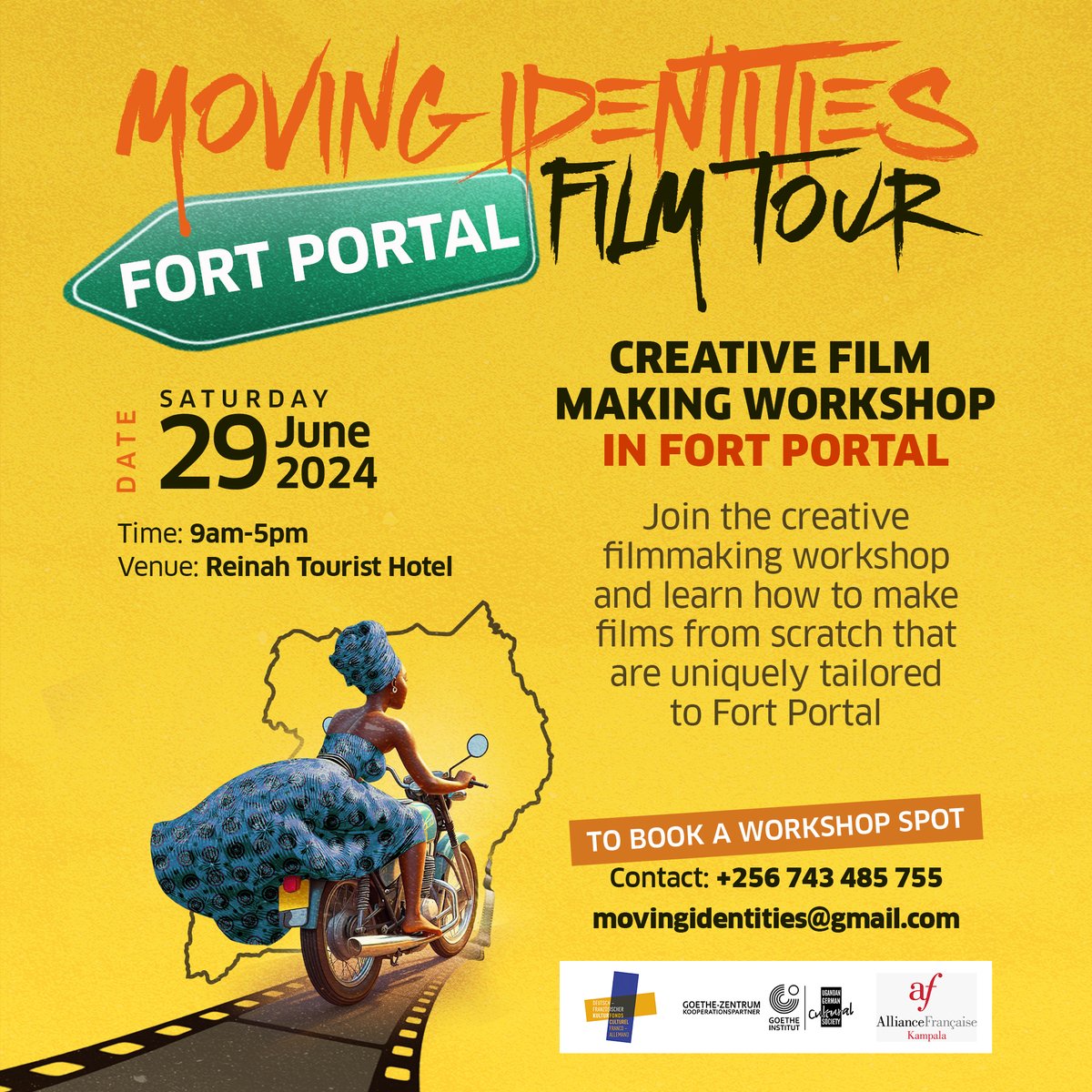 GZ_Kampala's tweet image. 🎬 Join us in Fort Portal for a Creative Filmmaking Workshop! 🌟

📅 Saturday, 29 June 2024
🕘 9am - 5pm
📍 Reinah Tourist Hotel

Learn the art of filmmaking tailored to Fort Portal!

👉 Book your spot: +256 743 485 755
📧 movingidentities@gmail.com

#Filmmaking #FortPortal