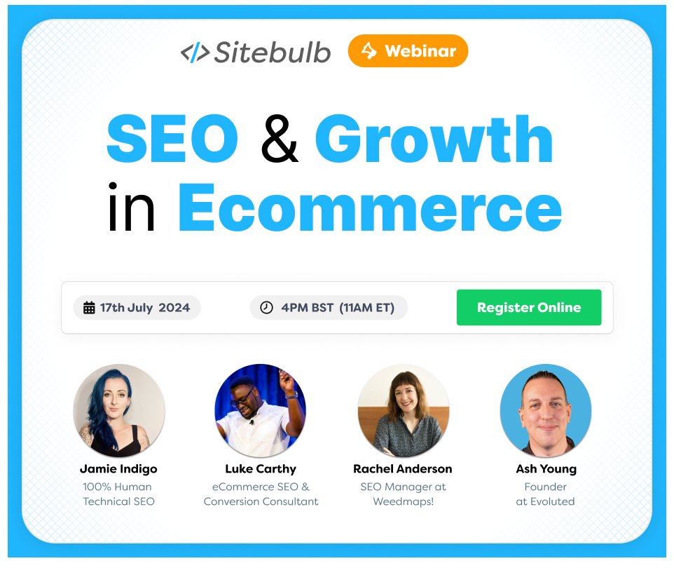 Sitebulb (@sitebulb) on Twitter photo π£NEW WEBINAR ALERT π bit.ly/3XHgB0d
If you're working in an #ecommerce business, this is the webinar for you!
Patrick Hathaway will be chatting with @Jammer_volts, <a href="/MrLukeCarthy/">Luke Carthy π</a>, @WebMonkeyAsh & <a href="/rachelleighrva/">Rachel Anderson</a> about #seo & growth for ecommerce. π£NEW WEBINAR ALERT π bit.ly/3XHgB0d
If you're working in an #ecommerce business, this is the webinar for you!
Patrick Hathaway will be chatting with @Jammer_volts, <a href="/MrLukeCarthy/">Luke Carthy π</a>, @WebMonkeyAsh & <a href="/rachelleighrva/">Rachel Anderson</a> about #seo & growth for ecommerce.