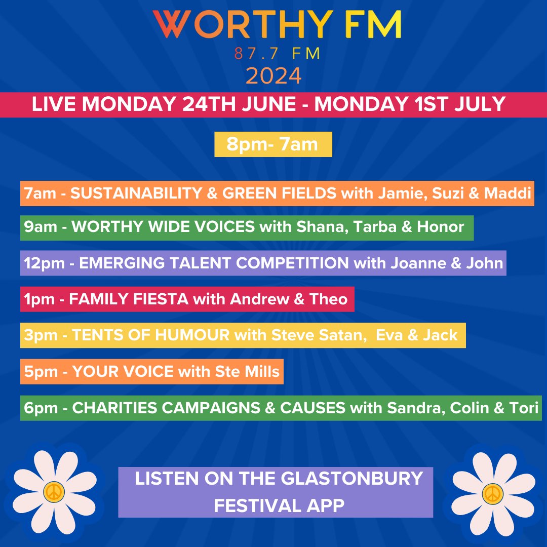 glastonbury's tweet image. The Festival's own radio station, @worthyfm has just begun its 2024 broadcast, listen now online worthywebplayer.net, via the app glastonburyfestivals.co.uk/download-our-2… or on 87.7FM