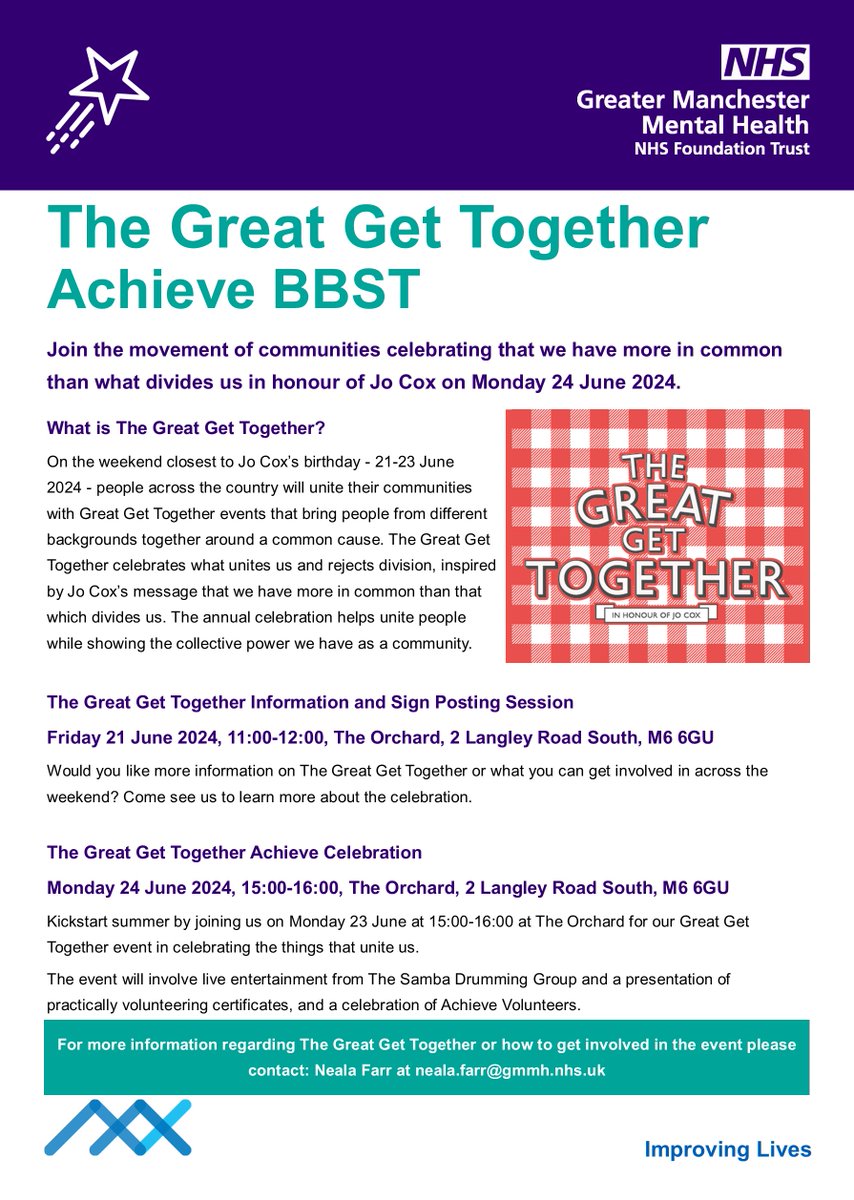 Achieve are celebrating the Great Get Together Event at The Orchard in Salford from 15:00 today! 

Come join us in celebrating unity and togetherness. 

Hope to see you there! 🙂