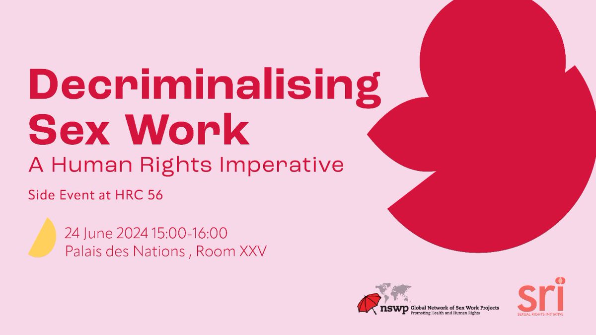 Join us today for this side event that will showcase evidence from sex worker movements on the human rights imperative to decriminalize sex work if states want to respect, protect and fulfill all human rights of everyone. 💻 There's still time to register: bit.ly/SRISWHRC56
