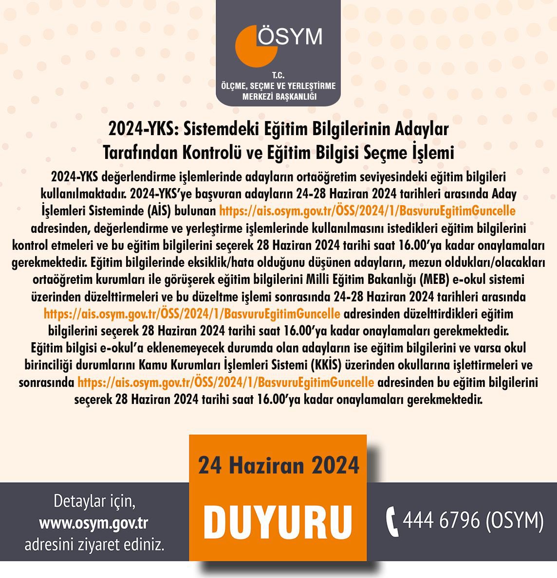 OSYMbaskanligi's tweet photo. 2024-YKS: Sistemdeki Eğitim Bilgilerinin Adaylar Tarafından Kontrolü ve Eğitim Bilgisi Seçme İşlemi

https://t.co/QHwhH63nrf https://t.co/3xifgDpOsc