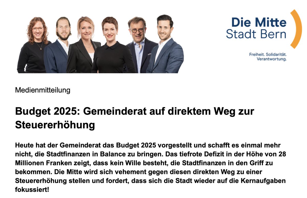 Heute hat der GR das #Budget25 vorgestellt und schafft es einmal mehr nicht, die Stadtfinanzen in Balance zu bringen. Wir lehnen es in dieser Form ab und setzt sich mit aller Kraft dafür ein, dass es keine Steuererhöhung in der Stadt Bern geben wird. bern.die-mitte.ch/budget-2025-pr…