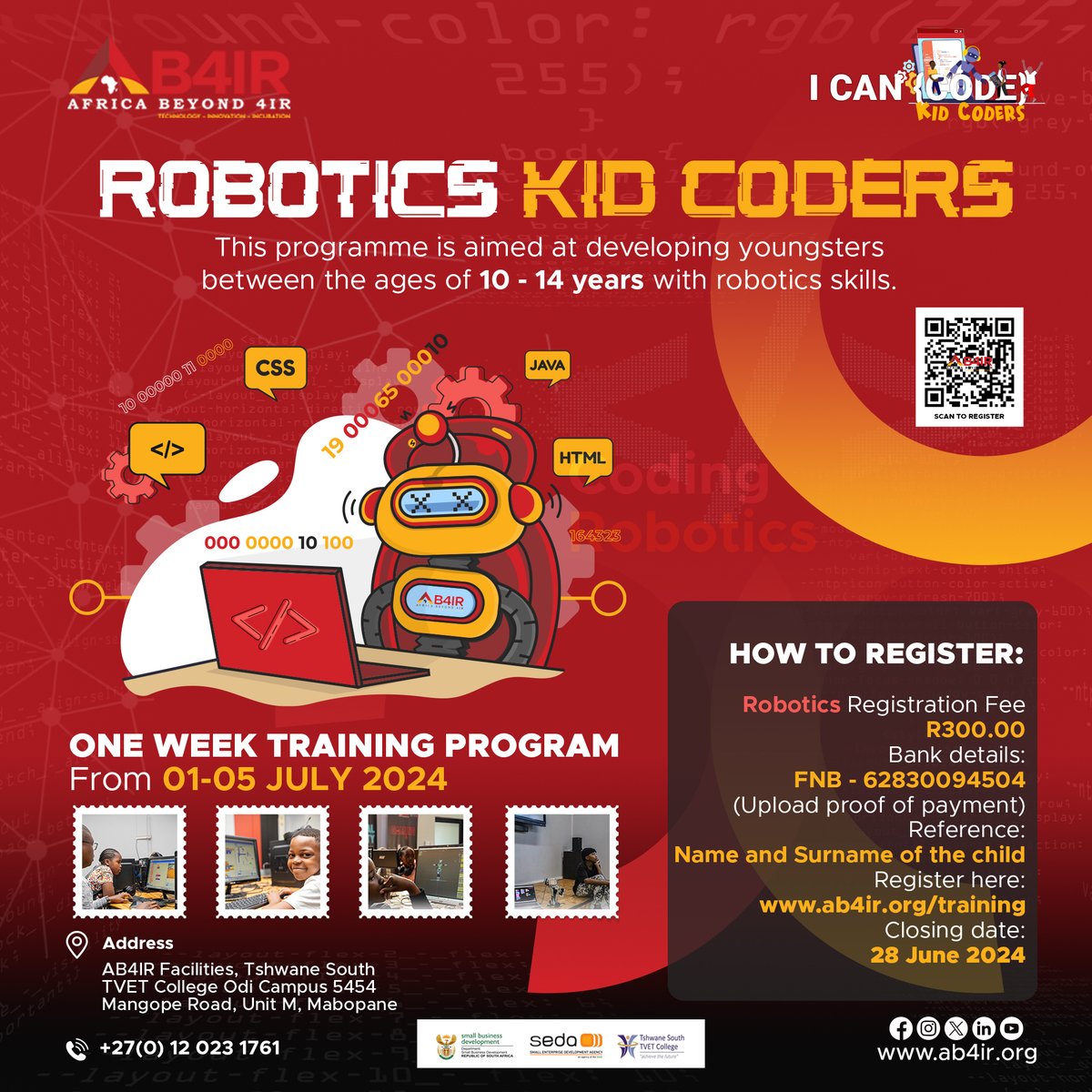 ab4_ir's tweet image. Give your child the gift of technology and coding skills! Kidcoders Robotics Training Program is here!
1-week robotics-training program from 01-05 July 2024 and unleash your coding skills!
Register here: ab4ir.org/training
#ab4ir #kidcoders #Robotics