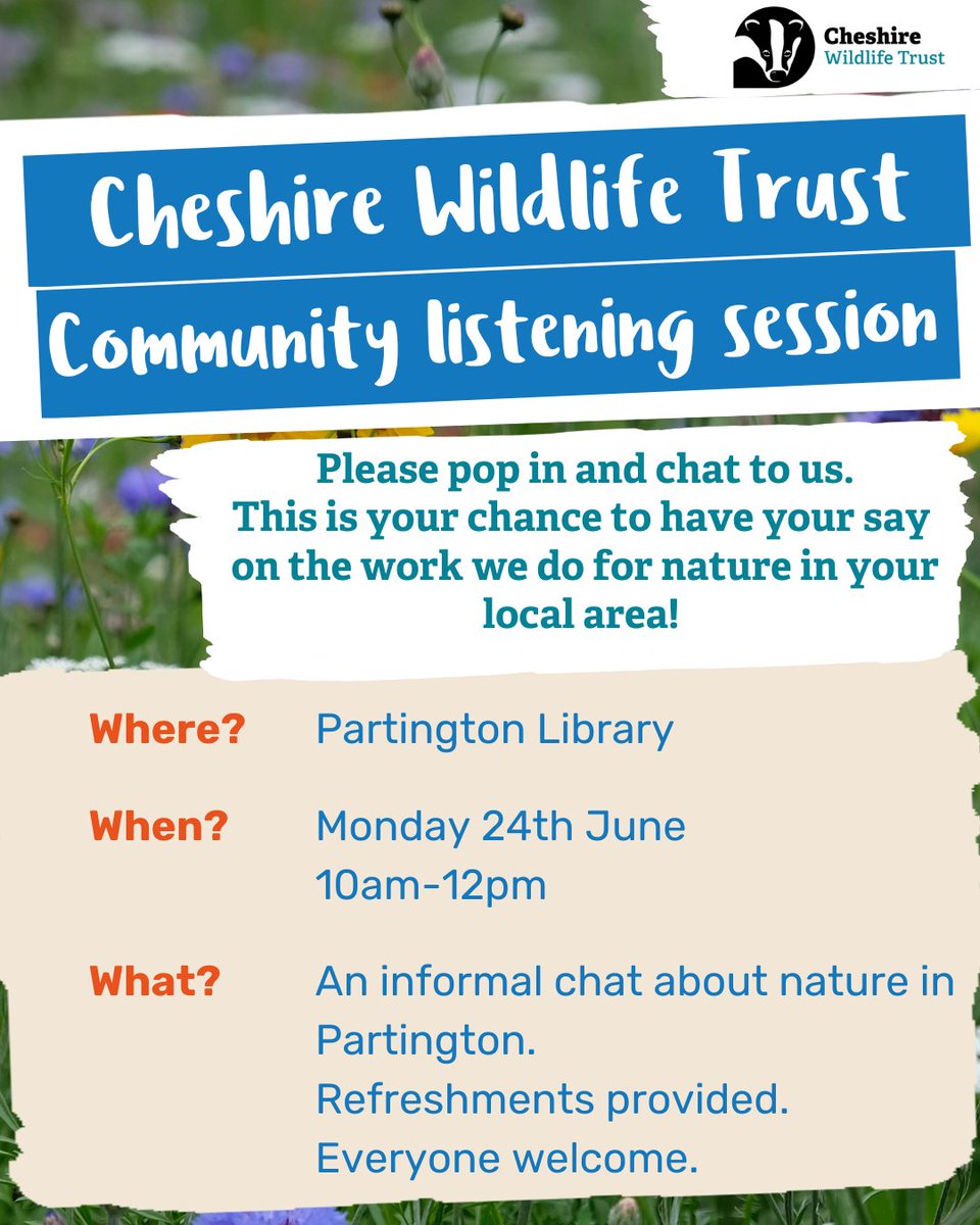 Come along to Partington Library between 10am - 12pm today for a brew and a biscuit and a chance to chat about all things outdoors with Cheshire Wildlife Trust  🌳🌷
