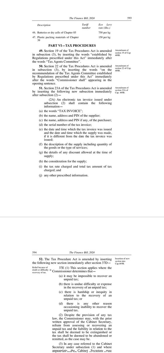 <a href="/KhalifKairo/">khalif kairo</a> As evidenced below, in #FinanceBill2024 clauses 50, 51, 52 are about Tax Procedures and not anything to do with land. Tax Procedures provide uniform procedures for consistency and efficiency in the administration of tax laws.

Kindly visit parliament.go.ke/sites/default/… to get the