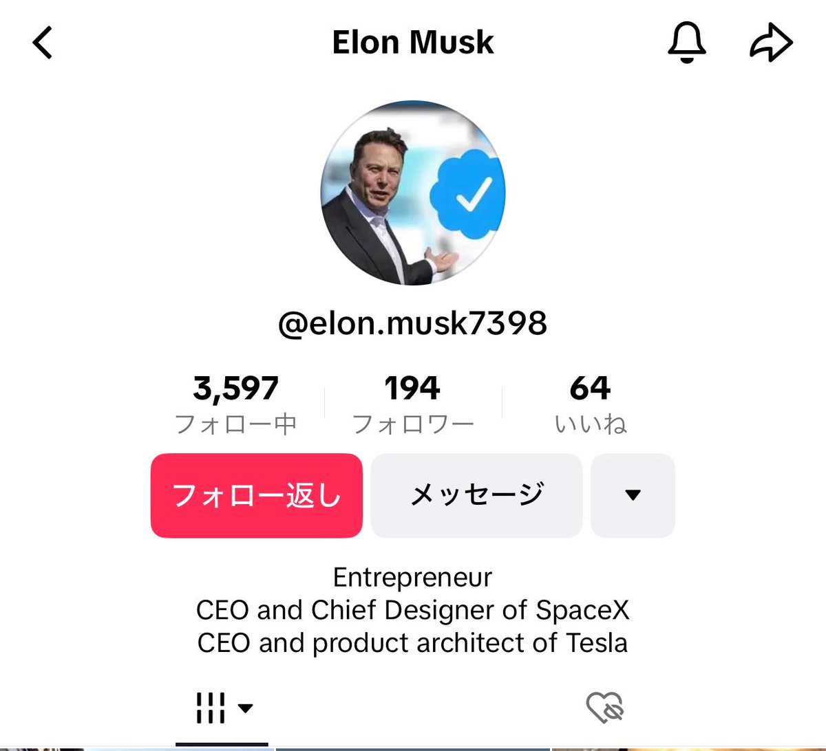 僕なら「イーロンマスクっぽい人」にフォローされてるTikTokアカウントがあります