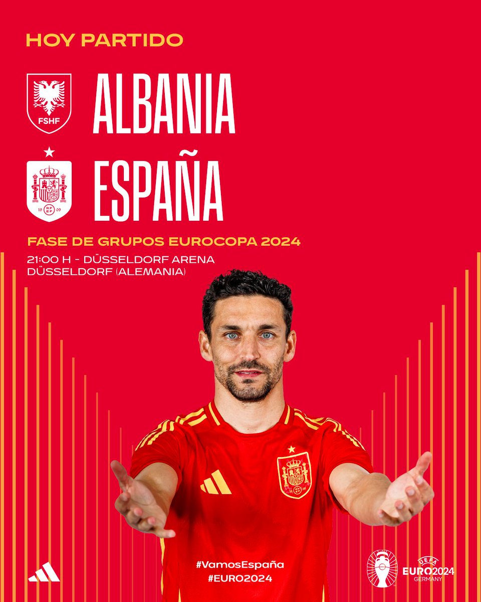 SEFutbol's tweet photo. 🚨 ¡¡HOY SE JUEGA!!

⚽ Albania - España
🏆 Fase de Grupos de la #EURO2024
🗓️ Jornada 3 | Grupo B
🕘 21.00 horas
🏟 Düsseldorf Arena
📍 Düsseldorf (Alemania)
📺 @La1_tve
✍️🏻 PREVIA: https://t.co/8rrLQddird

#⃣ #VamosEspaña https://t.co/96ILmtNEQY