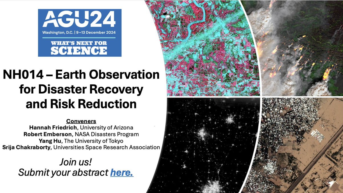Hannah K. Friedrich (@hk_friedrich) on Twitter photo Are you using satellite imagery to map how the built or natural world recovers from disasters or to inform disaster risk reduction? Submit your abstract to our session at <a href="/theAGU/">AGU (American Geophysical Union)</a> 2024 Annual Meeting!
Apply here agu.confex.com/agu/agu24/prel… by July 31, 2024! Are you using satellite imagery to map how the built or natural world recovers from disasters or to inform disaster risk reduction? Submit your abstract to our session at <a href="/theAGU/">AGU (American Geophysical Union)</a> 2024 Annual Meeting!
Apply here agu.confex.com/agu/agu24/prel… by July 31, 2024!