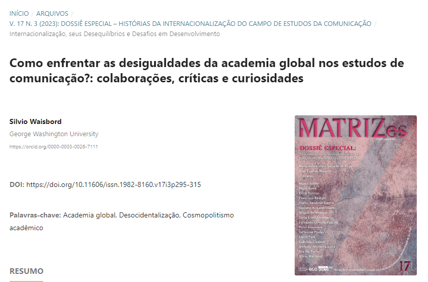 Robhym's tweet photo. Leitura do dia: "Como enfrentar as desigualdades da academia global nos estudos de comunicação?: colaborações, críticas e curiosidades", por @silviowaisbord. https://t.co/6dEbl9SpRn https://t.co/jXhilfTBRu
