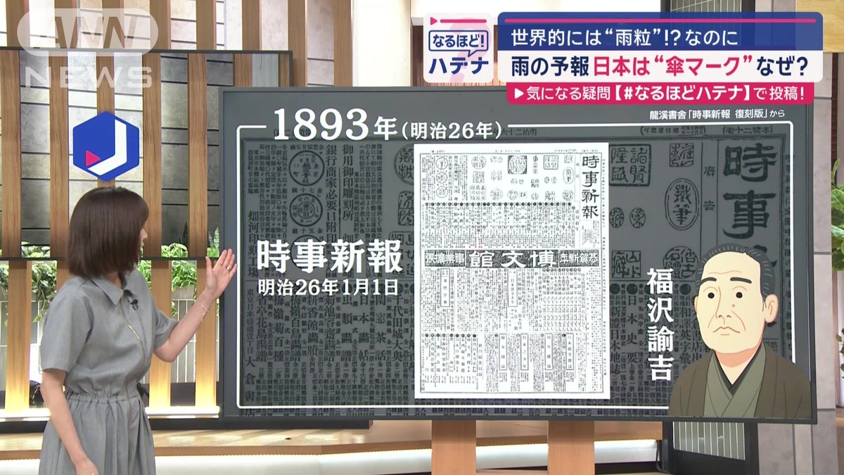 Mulboyne's tweet photo. TV Asahi news report looks at why Japan uses an umbrella symbol for rain, while most of the world uses a raincloud. One theory traces it back to usage in a newspaper published by Fukuzawa Yukichi in 1893. https://t.co/x7WVNOfahO https://t.co/5qvcHUnUMw
