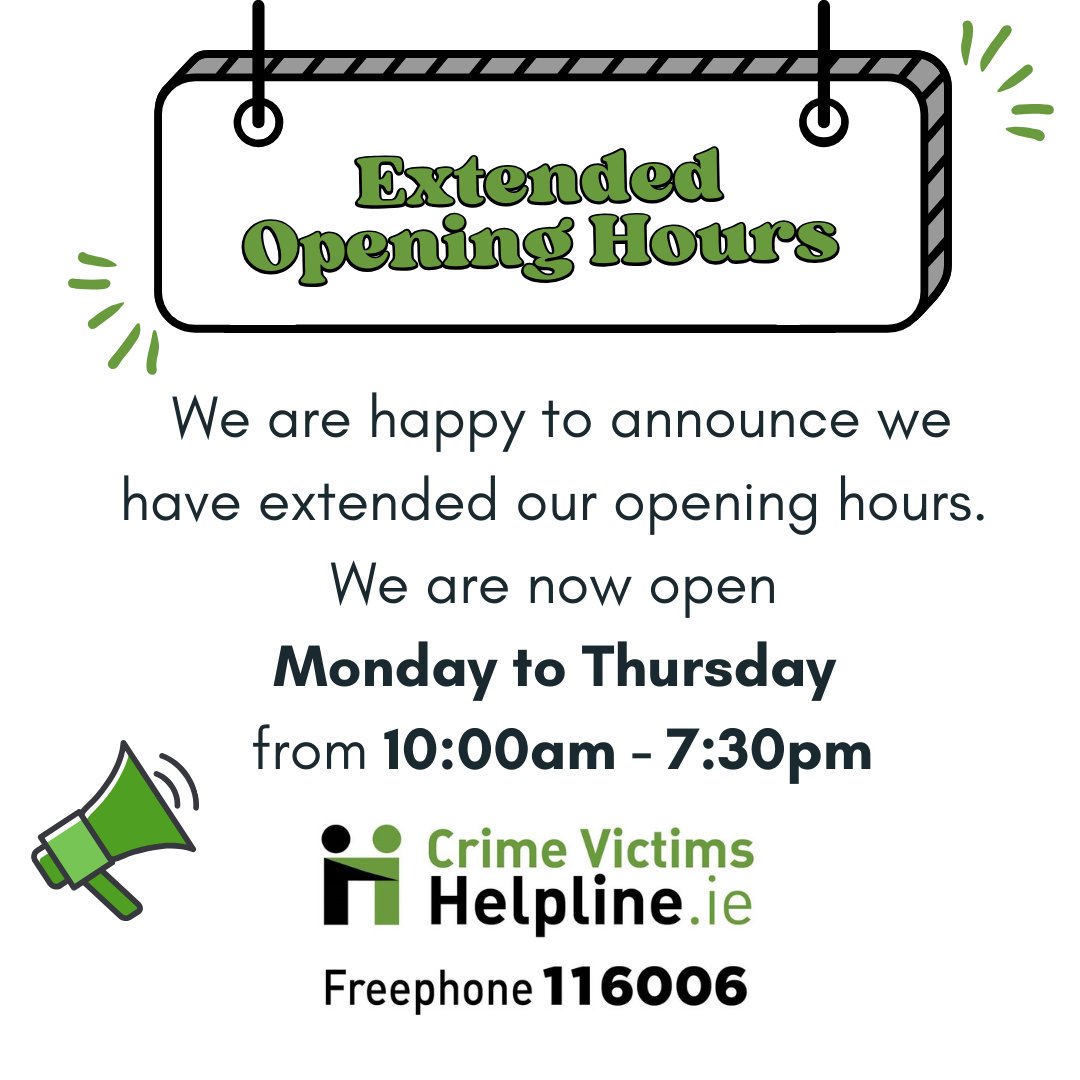 🌟 Reminder! 🌟

The Crime Victims Helpline is extending its hours and is now open from 10 AM to 7.30 PM Monday to Thursday.

We're here to provide a listening ear, information and assistance whenever you need it. Please share this information to reach those who may benefit.