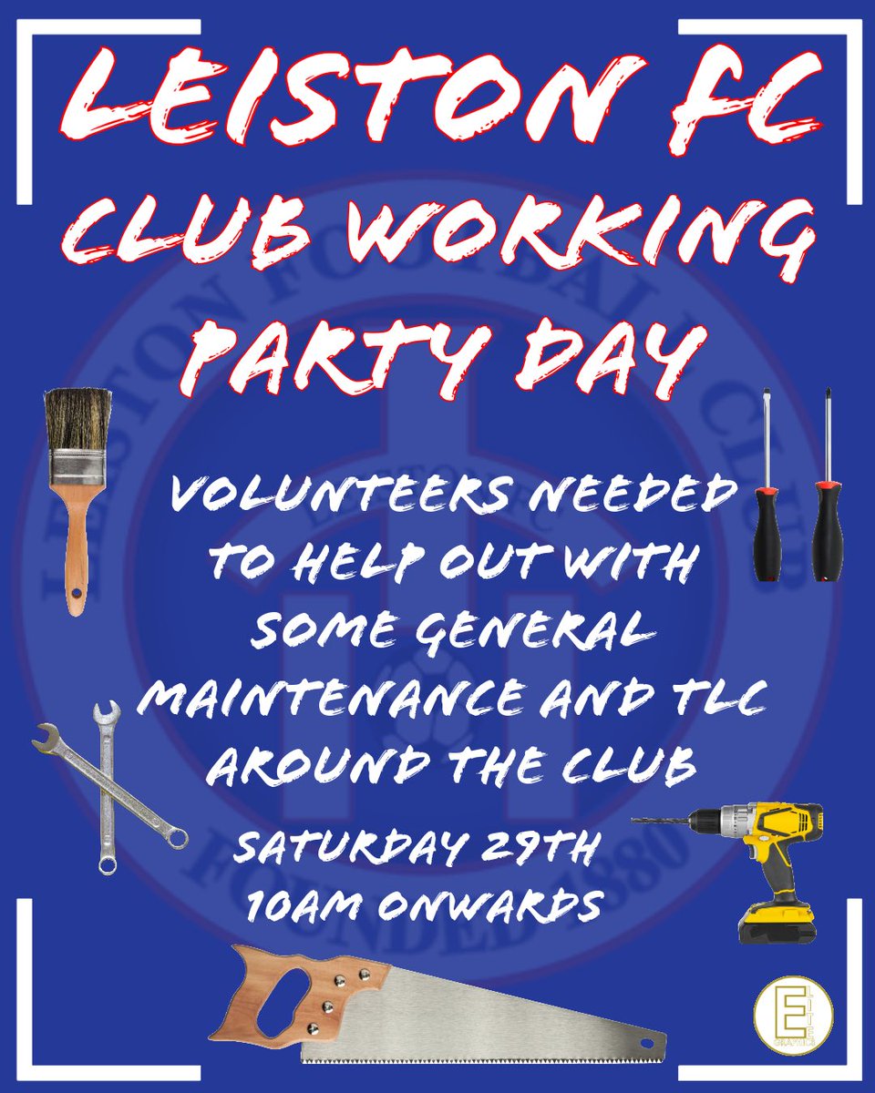 leistonfc's tweet photo. ๐ ๏ธ Club Working Party Day ๐ ๏ธ
We are seeking volunteers to come down to the ground and carry out some general maintenance and give the club some TLC ahead of yet another campaign.
โฐ 10AM onwards
#weareleiston #theblues #gettinghandsdirty https://t.co/xFjKe5KB85