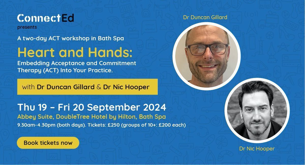 Connect Wellbeing in Education is back with 'Heart and Hands', a two day workshop in Bath Spa⁠ about embedding Acceptance and Commitment Therapy (ACT) into your practice. ⁠
⁠
With Dr Duncan Gillard and Dr Nic Hooper.⁠

Tickets £250⁠

Book now: connect-ed.world/hearts-and-han…
⁠