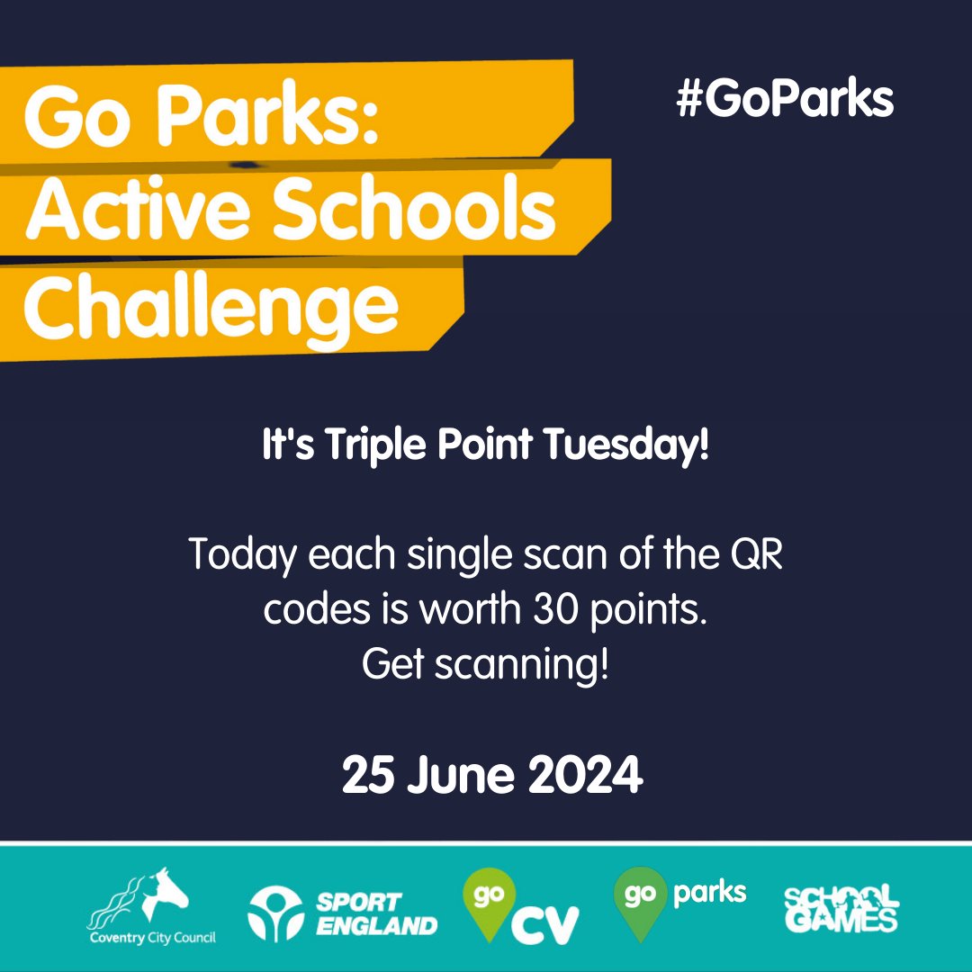 Coventry Sport (@covsport) on Twitter photo ‼️ HERE WE GO ‼️
It's Triple Point Tuesday!
Today each single scan of the QR codes is worth 30 points.
Get scanning!
#GoParks <a href="/SGOCoventryWest/">SGO Coventry West Danny Kingham</a> <a href="/SGOCoventryEast/">SGO Coventry East Stuart Davoile</a> ‼️ HERE WE GO ‼️
It's Triple Point Tuesday!
Today each single scan of the QR codes is worth 30 points.
Get scanning!
#GoParks <a href="/SGOCoventryWest/">SGO Coventry West Danny Kingham</a> <a href="/SGOCoventryEast/">SGO Coventry East Stuart Davoile</a>