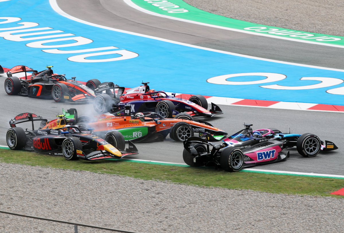 Formula2's tweet photo. Feature Race chaos! 💥

All the angles of the opening lap carnage 🔍🧐

#F2 #SpanishGP https://t.co/JXJOxSSU9l
