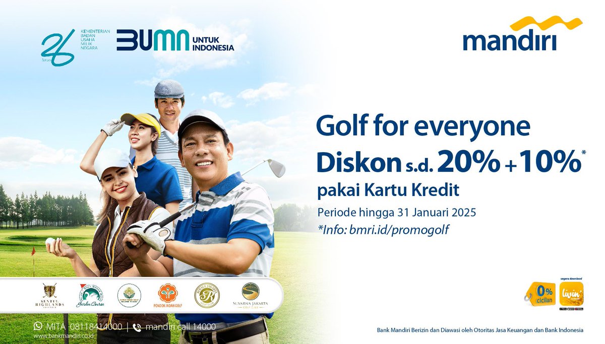 mandiricard's tweet photo. Akhir pekan lebih seru dengan promo #GolfForEveryone! ποΈββοΈ
Nikmati diskon 20% + 10% menggunakan Mandiri Kartu Kredit di berbagai arena golf di kotamu!
Yuk, cek informasi lebih lanjut di https://t.co/9cpD33dLje
#MandiriKartuKredit
#PromoLengkAPP
#BankMandiri https://t.co/rwlJ6ymXWH