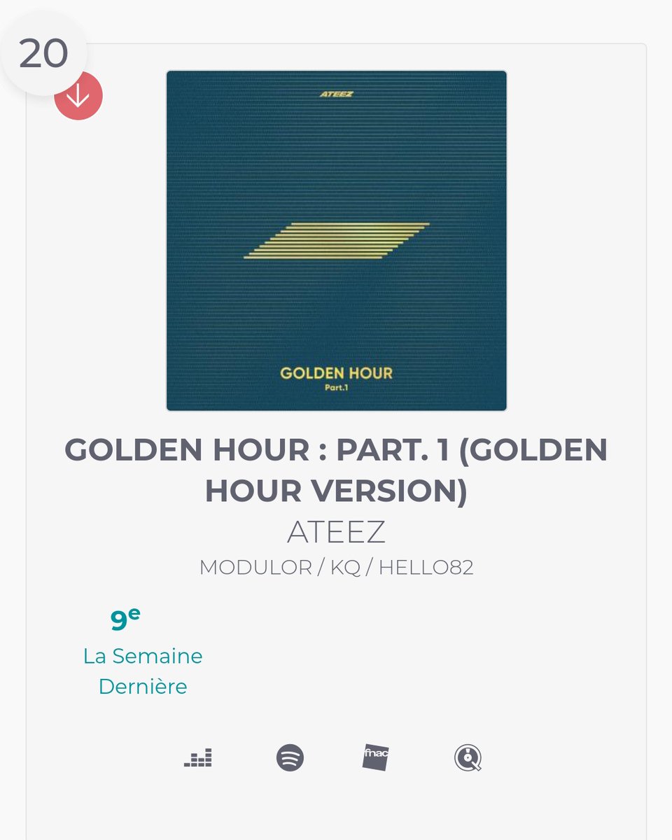 EuropeAteez's tweet photo. For the third week in a row, @ATEEZofficial are still on the French charts : SNEP’s top 20 physical albums and is now number 20 🔥
ATEEZ are also on the SNEP's top 100 albums and is number 86 ✨
#GoldenHourWithSNEP #ATEEZ #에이티즈 #GOLDENHOUR_Part1 https://t.co/bcfqqcNyGW