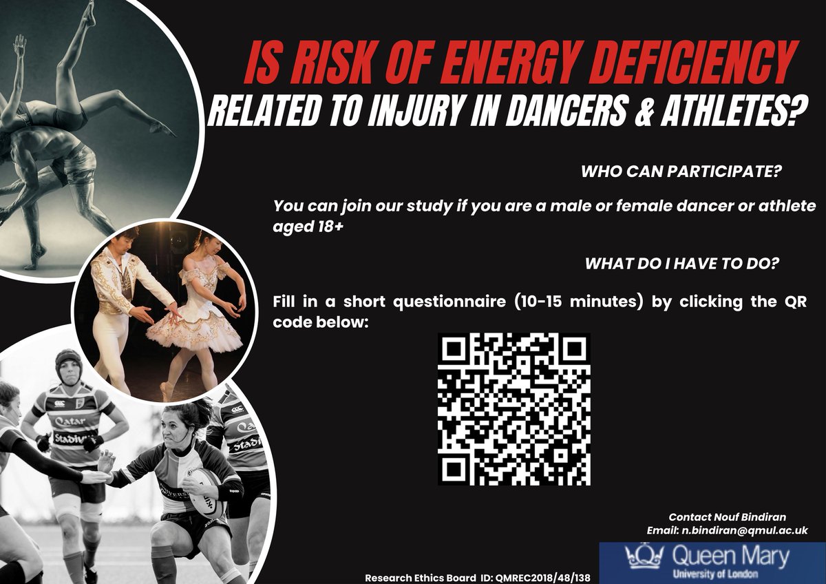 Call out for participants for this research by Nouf Bindiran from Queen Mary University of London <a href="/QMUL/">Queen Mary University of London</a> on the topic of: "Is Risk of Energy Deficiency Related to Injury in Dancers &amp; Athletes?"

Scan the QR code or click on this link app.onlinesurveys.jisc.ac.uk/s/qmul/menstru… to participate.