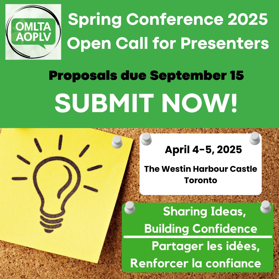 Call for presenters 📣

Applications are now open to apply to present at the OMLTA conference this spring in Toronto!

Visit omlta.org for more information and to apply today!
