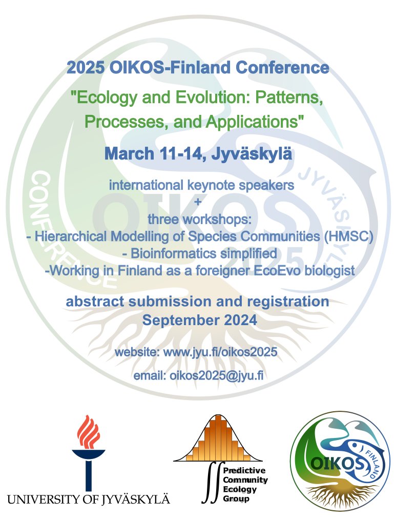OIKOSFin2025's tweet image. save the date! we are happy to announce that we will have 3 (!) workshops, international keynote speakers, as well as a fun social program. More information coming soon
Looking forward to seeing you in Jyväskylä in March
#OIKOSFin2025 #ecology #evolution
