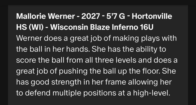 malloriewerner's tweet image. Thank you so much for the great write up @AsherScouting!!

@LisaMVanWyk @algwidt @WisconsinBlaze @WIBlazeInferno