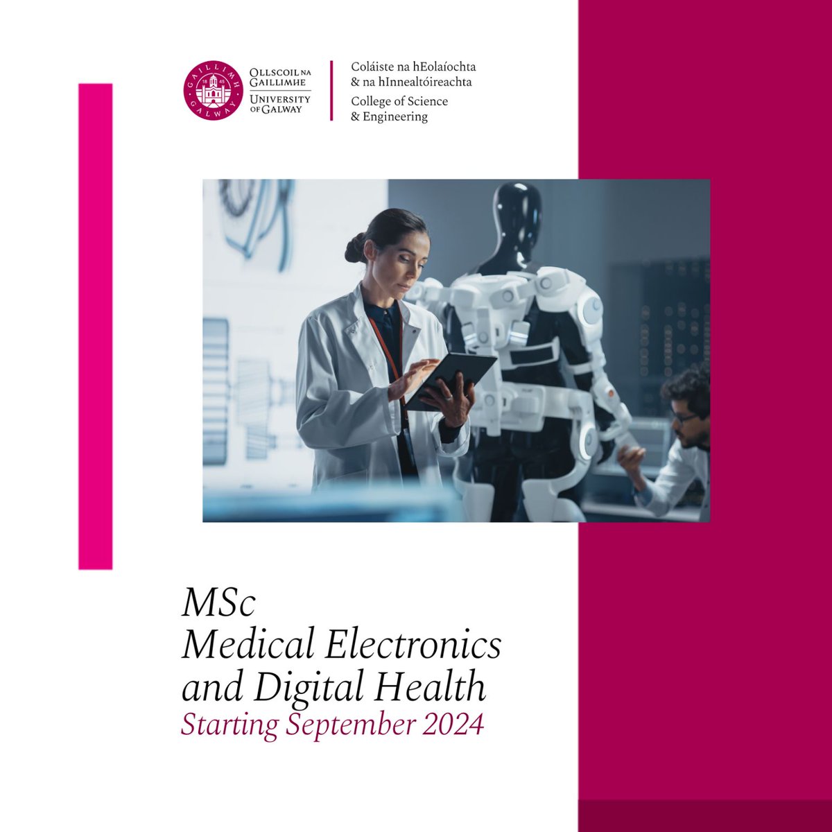 We are excited to announce that applications are open for the new MSc in Medical Electronics &amp; Digital Health at the University of Galway! 

Visit the programme page at: lnkd.in/eJ7wawt4 

#MedicalElectronics #DigitalHealth #UniversityofGalway #postgraduate