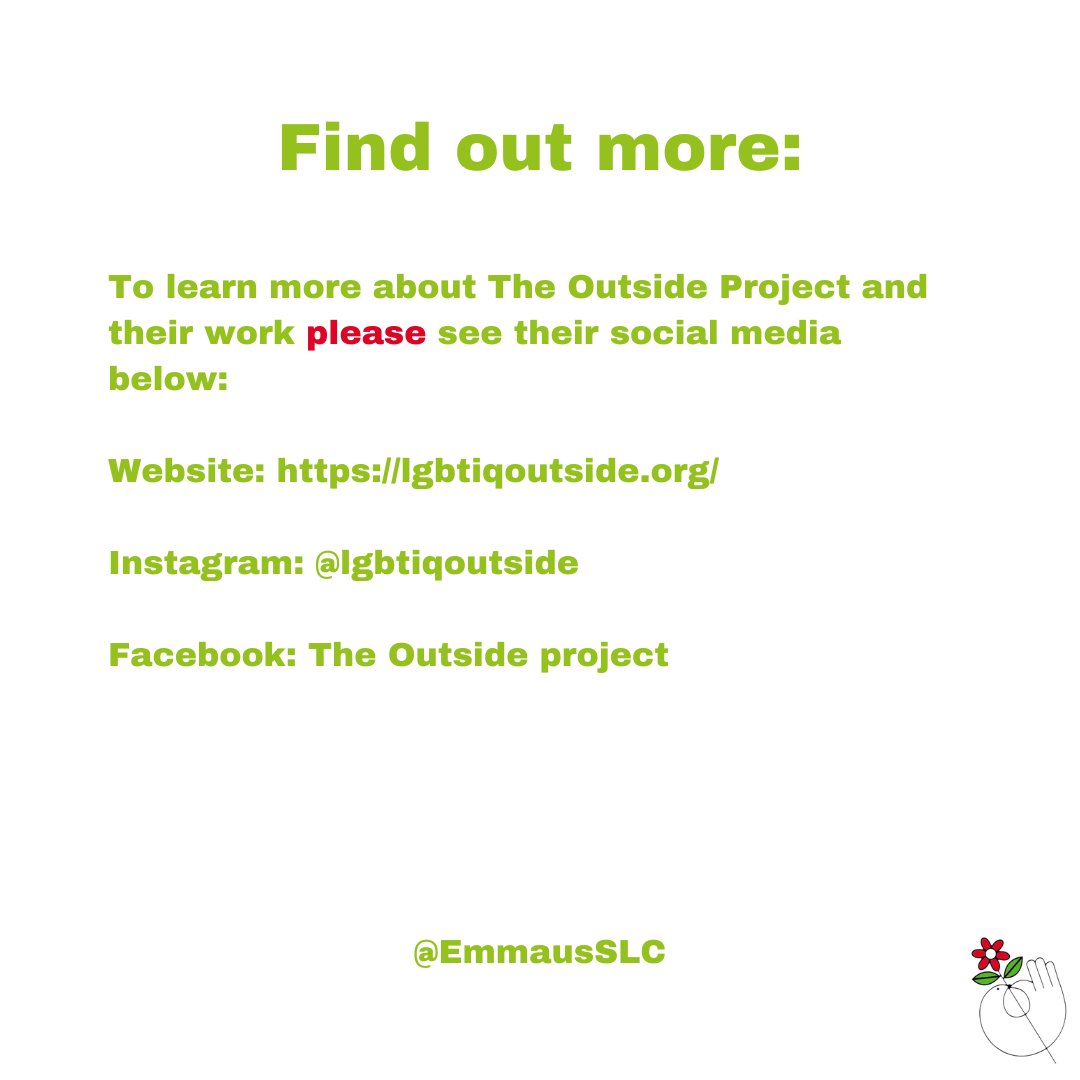 EmmausSLC's tweet photo. The Outside Project is dedicated to providing support to the LGBTIQ+ community. Learn more about their fantastic organisation here 💚
#pride #prindemonth #lgbtiq #lgbt #homelesslondon https://t.co/HaH8mzYvbr
