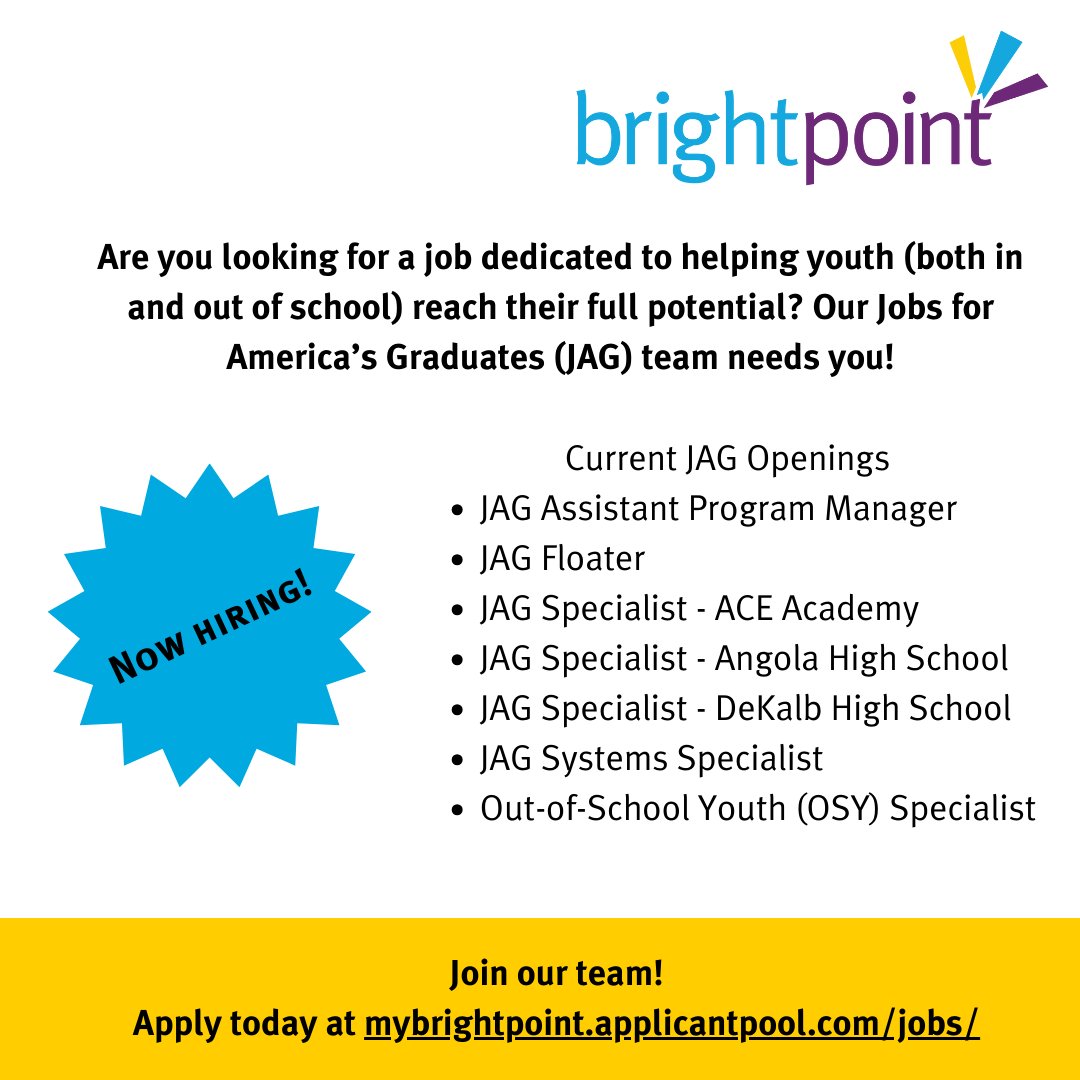 Are you looking for a job supporting young people in your community as they work towards their fullest potential? Join our JAG team!

Apply online today at mybrightpoint.applicantpool.com/jobs/