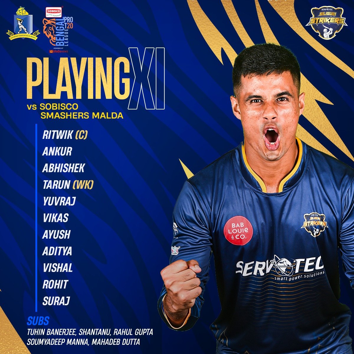 SiliguriStriker's tweet image. Our playing XI for the match! 🙌
.
.
#sssvsssm #bengalprot20league #siliguristrikers