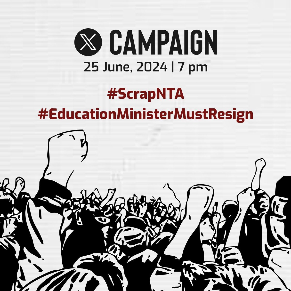 sioindia's tweet photo. 'X' Campaign

#ScrapNTA
#EducationMinisterMustResign

25 June, 2024 | 7 pm https://t.co/8F3St3djyx