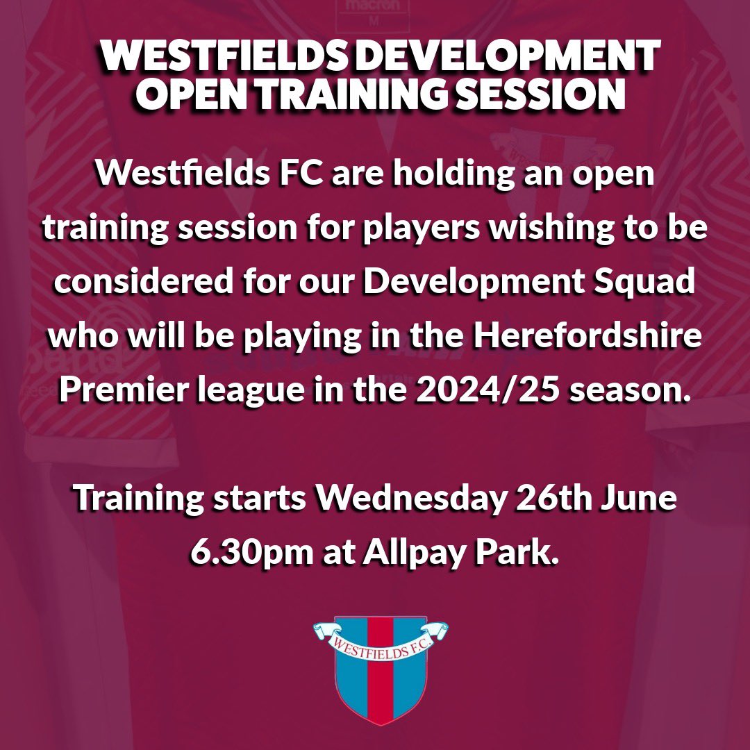Westfieldsfc1's tweet photo. OPEN TRAINING 🔜 | We are holding an open training session for players wishing to be considered for our Development Squad who will be playing in the Herefordshire Premier league this season.

Training starts Wednesday 26th June from 6.30pm at Allpay Park.

#FieldsTogether 🟣🔵 https://t.co/JTiJHeRFMa