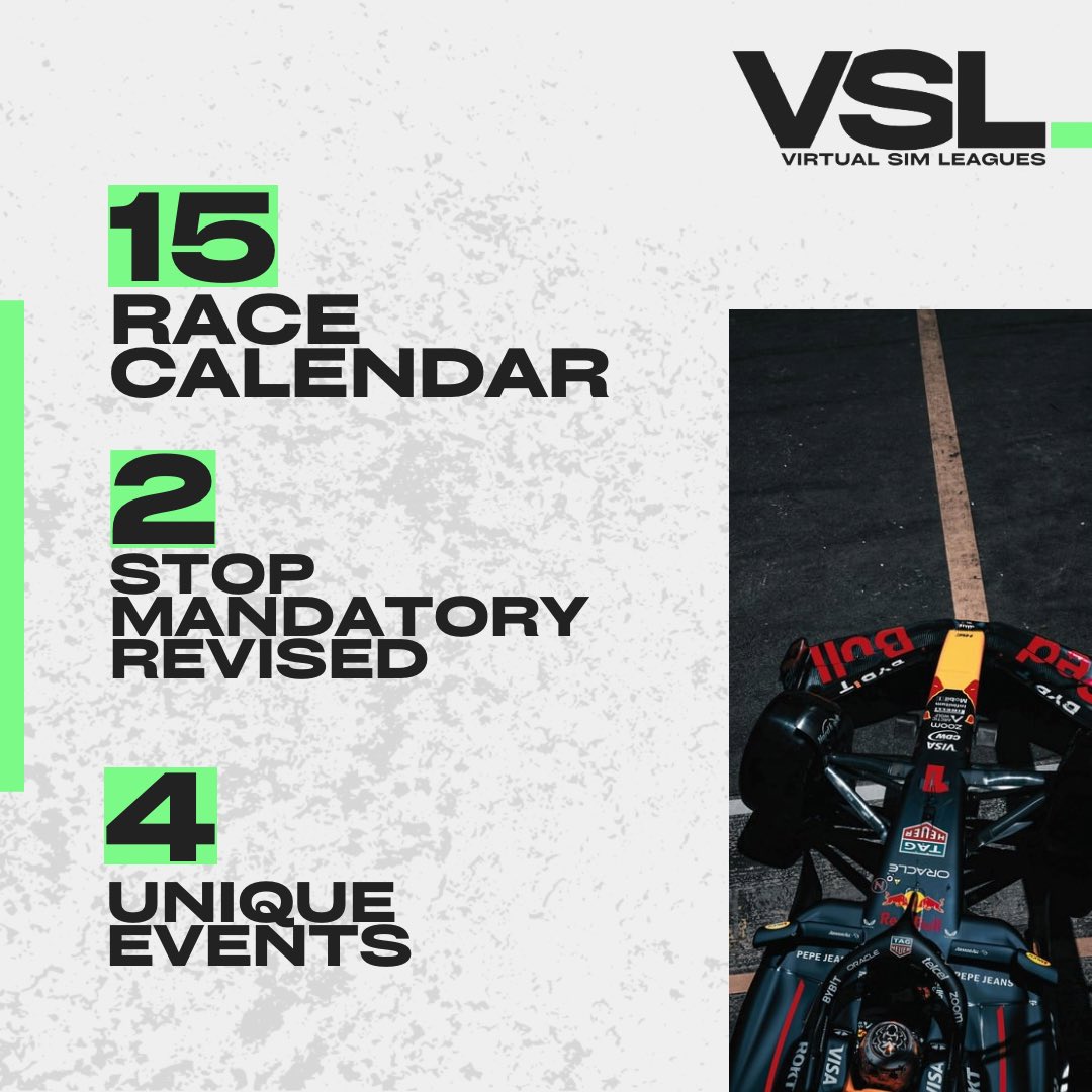VSL_Racing's tweet photo. #VSLF1 SEASON 13 IS HERE!!
SIGN UP NOW OPEN π₯ https://t.co/qOmuUfGOih
ποΈ 15 Round Calendar
βοΈ 4 Unique Special Event
2οΈβ£ Tiers Return
π *REVISED* Mandatory 2 Stop Races
π Driver & Team Champions Trophies
ποΈ F1 24 Cars
#VSLS13 https://t.co/nqwkhIEBiP