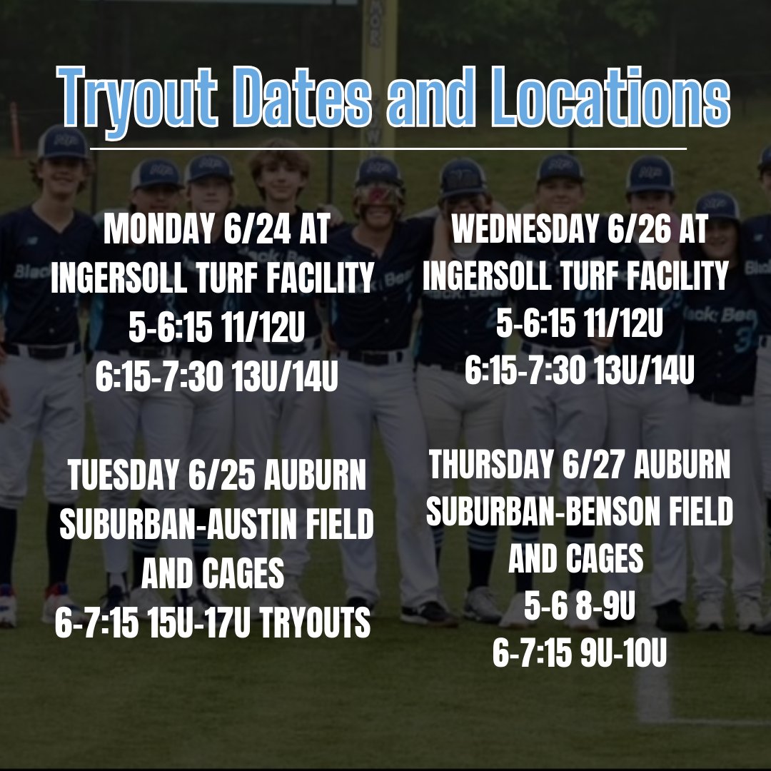 NPBB TRYOUT UPDATES: Check the slides for our upcoming tryouts! Addresses for locations:                      Ingersoll Turf Facility address is 
48 Pettengill Park Road 
Auburn, ME 04210 

Auburn Suburban address is 
577 Stevens Mill Road
Auburn, ME 04210