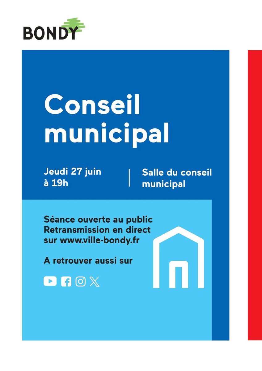 [CONSEIL MUNICIPAL] 📣Le prochain Conseil Municipal se déroulera ce jeudi 27 juin à 19h.

📲Retrouvez l'ordre du jour sur le site de la Ville : ville-bondy.fr/actualite/cons…