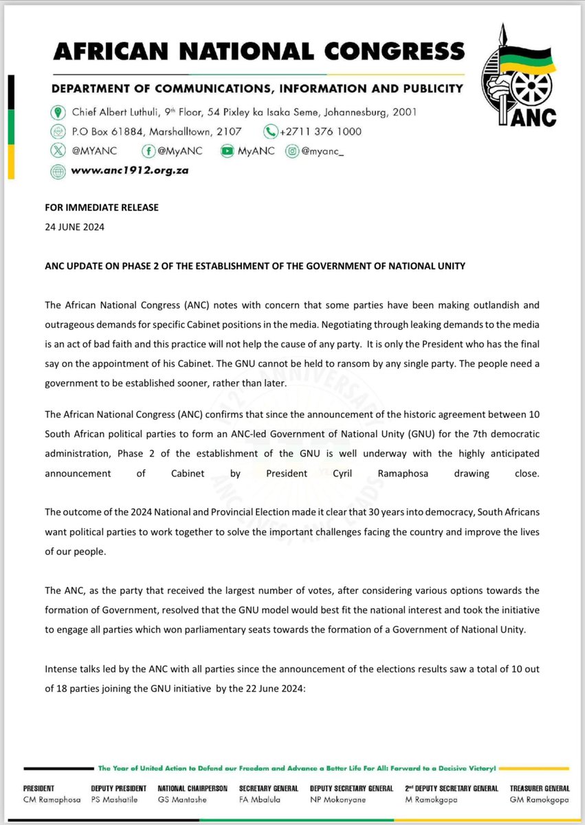 MbalulaFikile's tweet image. The African National Congress (ANC) notes with concern that some parties have been making outlandish and outrageous demands for specific Cabinet positions in the media. 

Negotiating through leaking demands to the media is an act of bad faith and this practice will not help the…