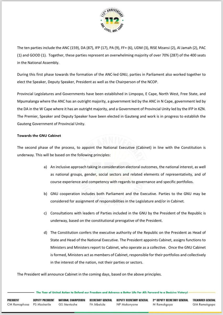 MbalulaFikile's tweet image. The African National Congress (ANC) notes with concern that some parties have been making outlandish and outrageous demands for specific Cabinet positions in the media. 

Negotiating through leaking demands to the media is an act of bad faith and this practice will not help the…