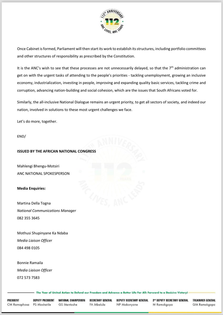 MbalulaFikile's tweet image. The African National Congress (ANC) notes with concern that some parties have been making outlandish and outrageous demands for specific Cabinet positions in the media. 

Negotiating through leaking demands to the media is an act of bad faith and this practice will not help the…