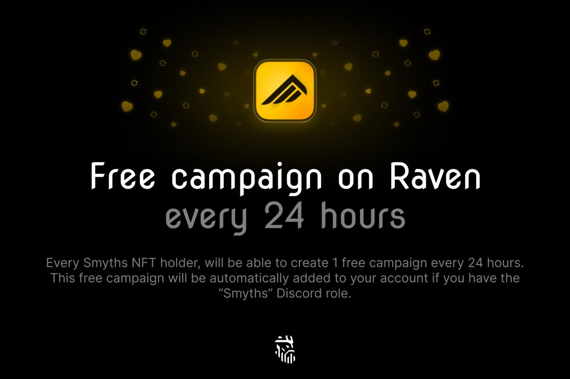 SmythsNFT's tweet image. Three days ago we released Raven, a gamified marketing platform built for everyone on @solana. 🐦‍⬛

All Smyths NFT holders are eligible for 1 free campaign on Raven every 24 hours (not stackable)

Use Raven, grow your brand. 🤝

raven.blocksmithlabs.io