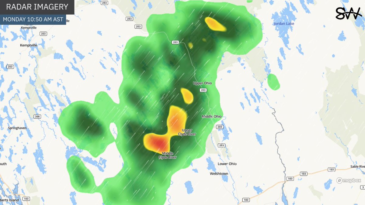 Localized line of embedded downpours and thunderstorms from near New Ross extending northeast through St. Croix, East Hants, and Truro. This activity is moving in a northeast direction. Radar also showing some cells near Upper Clyde River/Middle Ohio. <a href="/chronicleherald/">The Chronicle Herald</a> #nsstorm