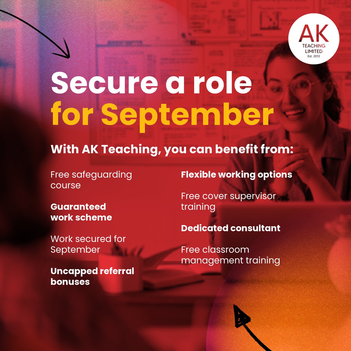 Secure your role for September! 🧑‍🏫

Whether you're looking for short term, long term or flexible working, we will help you find your ideal role!

Simply visit our website or get in touch to have an informal chat with one of our consultants.

akteaching.co.uk