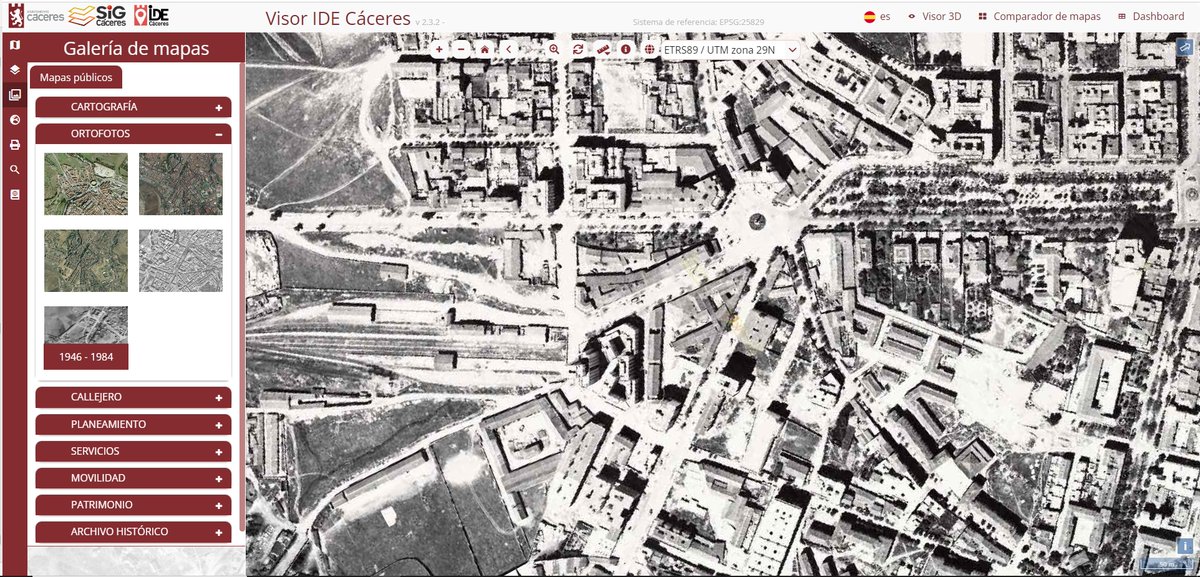 #caceres....viaja en el tiempo...Cáceres 1966 en visor.caceres.es del <a href="/Ayto_Caceres/">Ayuntamiento Cáceres</a> 
Puedes consultar las imágenes aéreas desde 1946 hasta la más reciente. 
<a href="/IGNSpain/">Instituto Geográfico Nacional-O.A.CNIG</a> <a href="/IDEESpain/">IDE España</a>  <a href="/datosgob/">datos.gob.es – Dirección General del Dato</a> <a href="/Demografia_CSIC/">Demografía (CSIC)</a> <a href="/GIS_and_Beers/">GIS and Beers</a> <a href="/INSPIRE_EU/">INSPIRE_EU</a> <a href="/uSIG_CCHS_CSIC/">SIGyHD (CCHS-CSIC)</a>