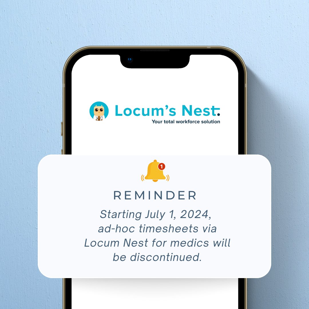 🚨Reminder: Starting July 1, 2024, ad-hoc timesheets via Locum Nest for medics will be discontinued.🚨

If you worked a shift not in the app, contact your Roster Coordinator. They’ll create a retro shift for you. Just accept and submit the pre-populated timesheet.

#MedicalBank