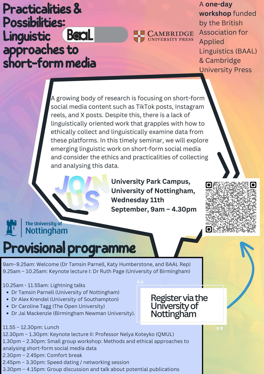 Dr Tamsin Parnell (@tamsinparnell) on Twitter photo 🚨 Interested in short-form social media and language? Sign up to attend our <a href="/__BAAL/">BAAL: British Association for Applied Linguistics</a> / <a href="/CambridgeUP/">Cambridge University Press</a> Seminar at <a href="/UniofNottingham/">Uni of Nottingham #WeAreUoN</a> in September 2024🚨
A full programme, including titles and descriptions of each talk, will be coming soon. 🚨 Interested in short-form social media and language? Sign up to attend our <a href="/__BAAL/">BAAL: British Association for Applied Linguistics</a> / <a href="/CambridgeUP/">Cambridge University Press</a> Seminar at <a href="/UniofNottingham/">Uni of Nottingham #WeAreUoN</a> in September 2024🚨
A full programme, including titles and descriptions of each talk, will be coming soon.
