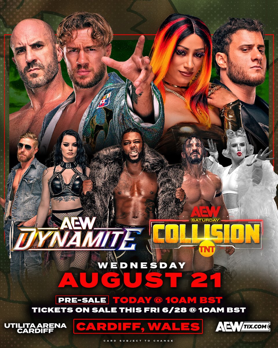 AEWLive's tweet image. For the first time ever, #AEW is heading to WALES 🏴󠁧󠁢󠁷󠁬󠁳󠁿!
The path to #AEWAllIn makes a stop at Cardiff's @UtilitaArenaCDF with #AEWDynamite &amp;amp; #AEWCollision on Wed, Aug 21st.

🎟️ Presale tickets available to #AEWInsiders NOW!
Become an #AEW Insider now at AEWTIX.com!