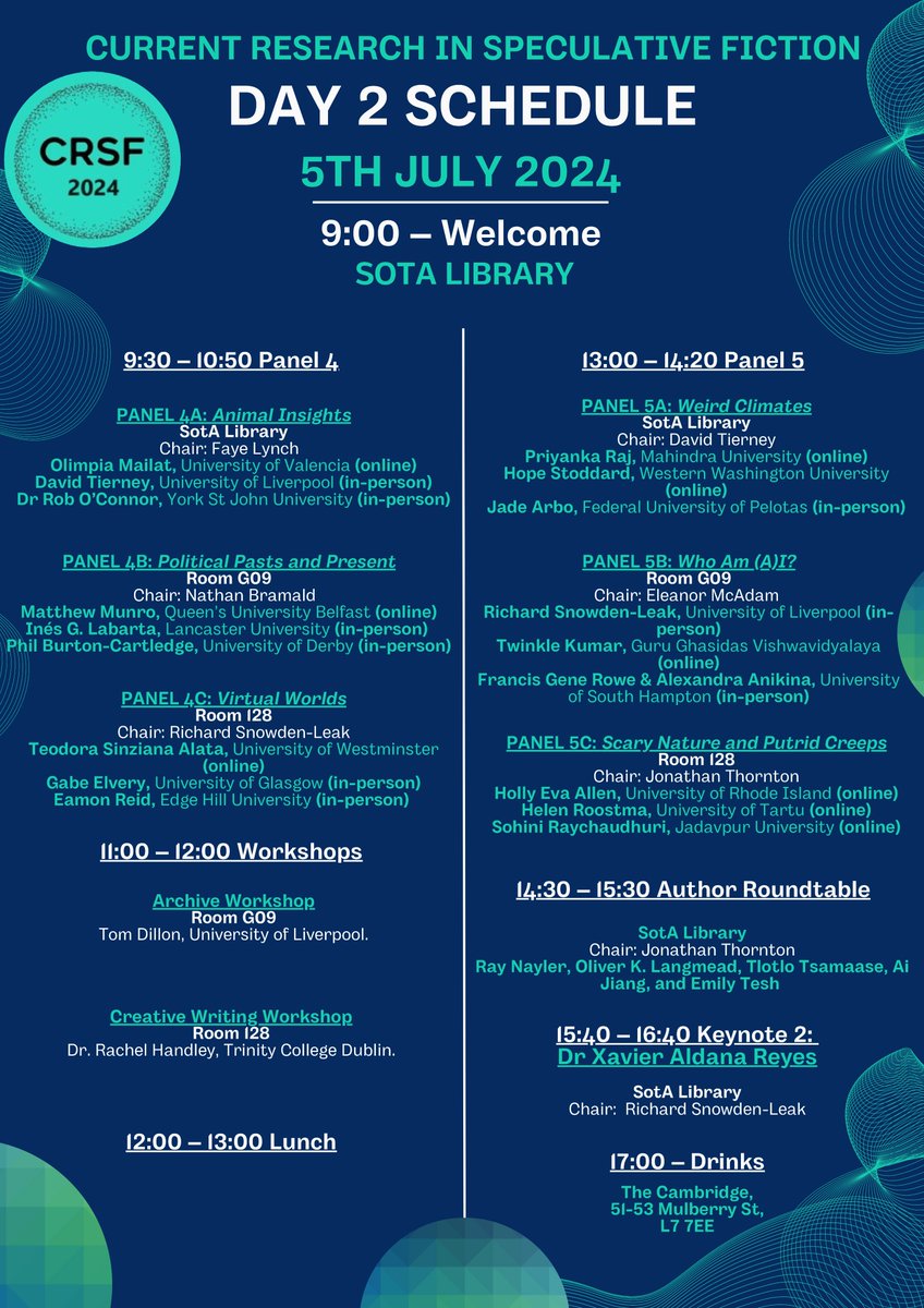 Come join us for the fourth 'Current Research in Speculative Fiction Conference' at the University of Liverpool (4-5 July). A great selection of papers is planned and attendance is free! #horror #scifi #speculativefiction (bigger print on link here: crsfhome.home.blog)