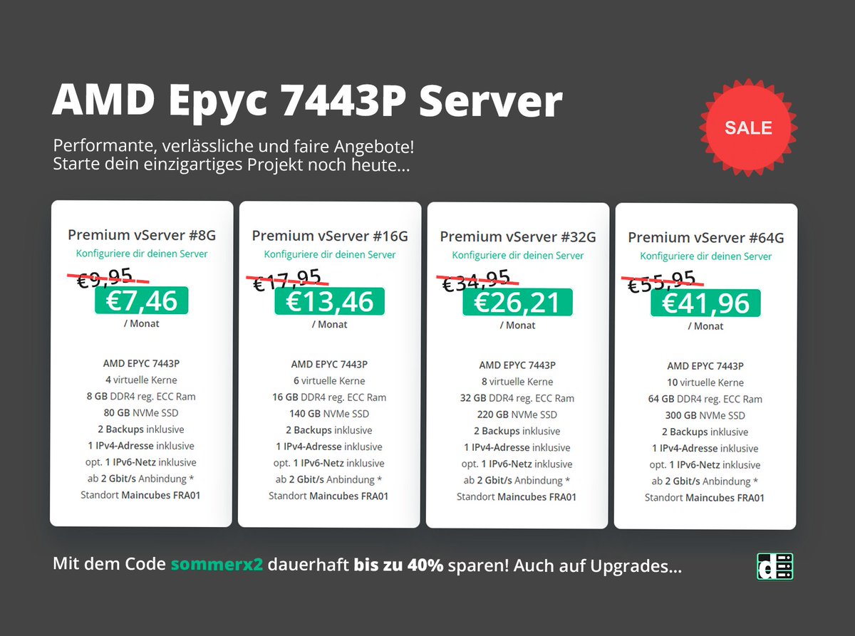 dNodesNET's tweet image. #sale - Wir starten mit unseren Sommerangeboten! 🥳
Sichere dir mit dem Code 
sommerx2 
bis zu 40% Rabatt auf unsere Premium vServer Pakete, die ganze Laufzeit und auf Upgrades. 😍
dnodes.net/amd-epyc-server